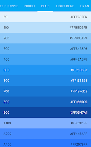 a ListView containing shades of blue from the Material Design color palette